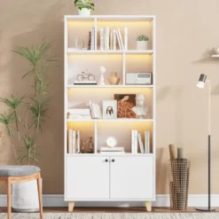 Hvid reol 80x30x173cm med LED-stemningslys & dobbeltdøre – massive træben, flere hylder, inkl. fjernbetjening White