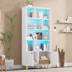 Hvid reol 80x30x173cm med LED-stemningslys & dobbeltdøre – massive træben, flere hylder, inkl. fjernbetjening White