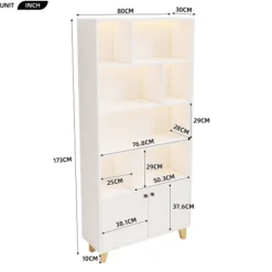 Hvid reol 80x30x173cm med LED-stemningslys & dobbeltdøre – massive træben, flere hylder, inkl. fjernbetjening White