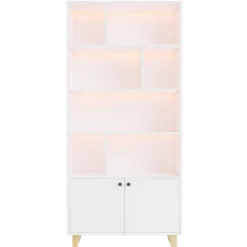 Hvid reol 80x30x173cm med LED-stemningslys & dobbeltdøre – massive træben, flere hylder, inkl. fjernbetjening White
