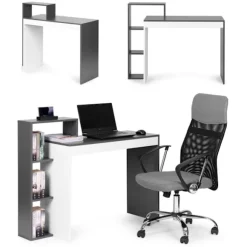 Hvidt og gråt kontor computerbord, bord + reol med 4 hylder