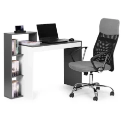 Hvidt og gråt kontor computerbord, bord + reol med 4 hylder