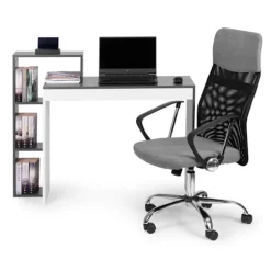 Hvidt og gråt kontor computerbord, bord + reol med 4 hylder