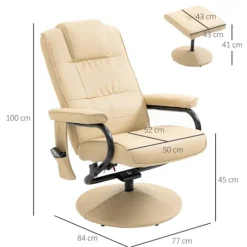 Hvilestol Med Liggefunktion, Massagestol, Tv-Stol, Tv-Lænestol Med Massagefunktion Inkl. Skammel, Imiteret Læder, Cremehvid, 77 X 84 X 95 Cm