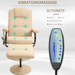 Hvilestol Med Liggefunktion, Massagestol, Tv-Stol, Tv-Lænestol Med Massagefunktion Inkl. Skammel, Imiteret Læder, Cremehvid, 77 X 84 X 95 Cm