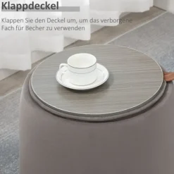 2-I-1 Skammel Rund Skammel Inklusive Opbevaringsplads, Aftageligt Låg I Fløjlslook Sidebord Mørkegrå