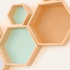 IC Væghylde i Massivt Træ Displayhylde Sekskantet Honningkagehylde (Medium, Grøn)