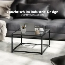 Industrielt sofabord, hærdet glas & stål, 68x68 cm