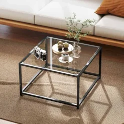 Industrielt sofabord, hærdet glas & stål, 68x68 cm