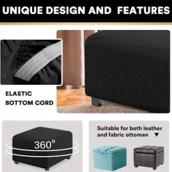 Jacquard Stretch Square Ottoman Cover Sofa Stool Cover Soft Square Footstool Covers Vaskbar Aftagelig (Sort, 27-32 tommer/68-81 cm)