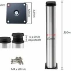 Justerbare ben 350 mm højde, tykke skabsben, bordben, møbelben, børstet rustfrit stål, justerbar højde 0-15 mm-XS6-