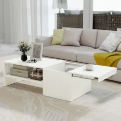 Justerbart sofabord med opbevaring, hvid spånplade