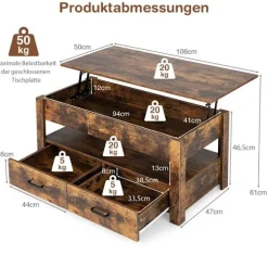 Justerbart sofabord med skuffer, træ, 106x50x48 cm, brun