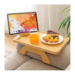 Kaffebordbakke i bambus - Sidebord med clips til brede sofaer, sammenklappelig armlænsbakke med 360° drejelig overflade
