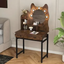 Katteformet Frisørsalon med LED Spejl COSTWAY, Justerbar Lysstyrke, Opladningsstation, 3 Hylder, 2 Skuffer, Rustik Brun Rustik brun