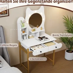 Katteformet sminkebord med spejl, LED-lys og skuffer