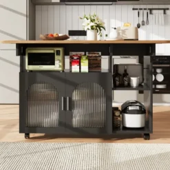 Køkkenø med aftagelig serveringsvogn, multifunktionel med opbevaringsplads, trælook, sort, moderne Black + Natural