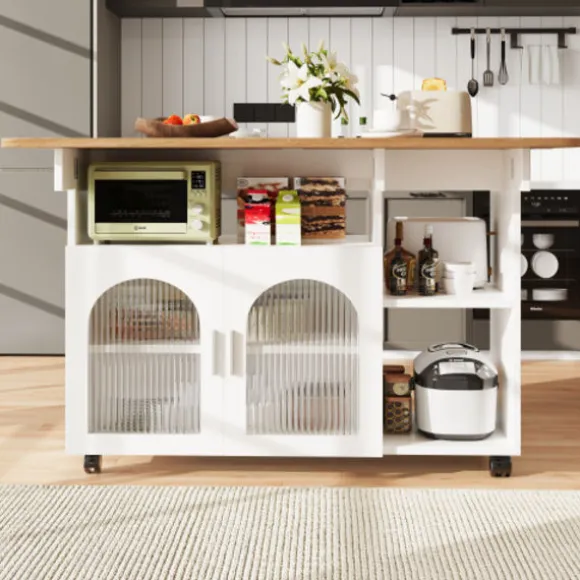 Køkkenø med aftagelig serveringsvogn, multifunktionel med opbevaringsplads, trælook, hvid, moderne Natural + Silver+Grey + White