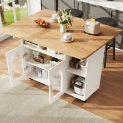 Køkkenø med aftagelig serveringsvogn, multifunktionel med opbevaringsplads, trælook, hvid, moderne Natural + Silver+Grey + White