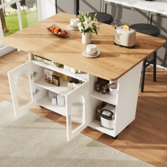 Køkkenø med aftagelig serveringsvogn, multifunktionel med opbevaringsplads, trælook, hvid, moderne Natural + Silver+Grey + White