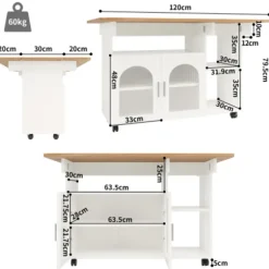 Køkkenø med aftagelig serveringsvogn, multifunktionel med opbevaringsplads, trælook, hvid, moderne Natural + Silver+Grey + White