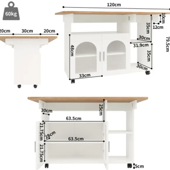 Køkkenø med aftagelig serveringsvogn, multifunktionel med opbevaringsplads, trælook, hvid, moderne Natural + Silver+Grey + White