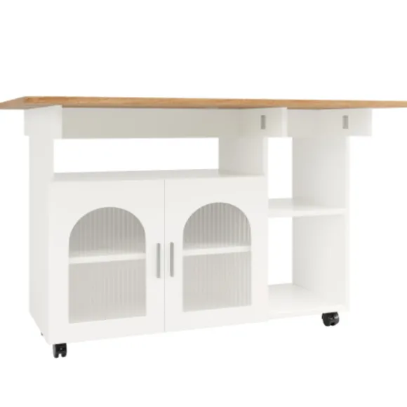 Køkkenø med aftagelig serveringsvogn, multifunktionel med opbevaringsplads, trælook, hvid, moderne Natural + Silver+Grey + White