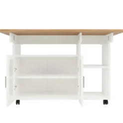 Køkkenø med aftagelig serveringsvogn, multifunktionel med opbevaringsplads, trælook, hvid, moderne Natural + Silver+Grey + White