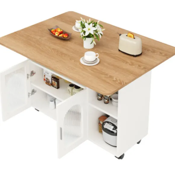 Køkkenø med aftagelig serveringsvogn, multifunktionel med opbevaringsplads, trælook, hvid, moderne Natural + Silver+Grey + White