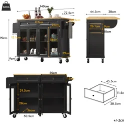 Køkkenø med hjul og glaslåger, multifunktionel med træstruktur og stor opbevaringsplads, serveringsvogn, sort Black