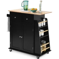 Køkkenø med opbevaring Rullende serveringsvogn af gummitræ 88 x 46 x 89,5 cm Sort