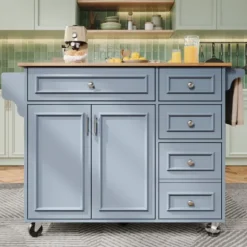 Køkkenø 110x45-75x92cm blå - Moderne multifunktionelt skab med vintage mønster, kan bruges som spisebord/serveringsvogn, opbevaringsplads Baby Blue