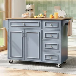 Køkkenø 110x45-75x92cm blå - Moderne multifunktionelt skab med vintage mønster, kan bruges som spisebord/serveringsvogn, opbevaringsplads Baby Blue