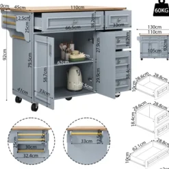 Køkkenø 110x45-75x92cm blå - Moderne multifunktionelt skab med vintage mønster, kan bruges som spisebord/serveringsvogn, opbevaringsplads Baby Blue