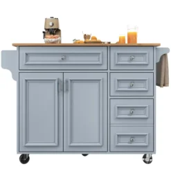 Køkkenø 110x45-75x92cm blå - Moderne multifunktionelt skab med vintage mønster, kan bruges som spisebord/serveringsvogn, opbevaringsplads Baby Blue