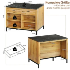 Køkkenø 120x75x90cm landlig stil med 2 skuffer, 4 hylder & barområde, egetræslook & marmorplade Natural