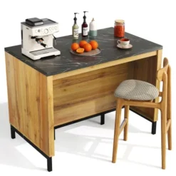 Køkkenø 120x75x90cm landlig stil med 2 skuffer, 4 hylder & barområde, egetræslook & marmorplade Natural
