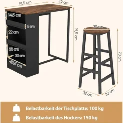 Køkkenbord med 2 taburetter, pladsbesparende bistrobord, bordbord, spisebordssæt, barbord