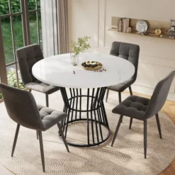 Køkkenbord med hvid marmorplade og metalben, robust metalstel, moderne spisebord, 1 stk Black