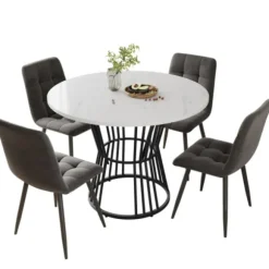 Køkkenbord med hvid marmorplade og metalben, robust metalstel, moderne spisebord, 1 stk Black