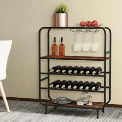Køkkenbuffet til 16 Flasker COSTWAY, Vinregal med 5 Niveauer og Glasstøtter, 91 x35 x117 cm til Hjemmebar Svart och rustik brun