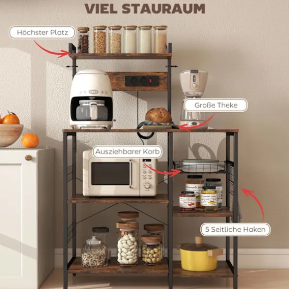 Køkkenreol med 2 udtag, 5 kroge, 5 niveauer, stål