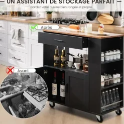 Køkkenskab med Opladningsstation COSTWAY, Låsebare Hjul, Døre, Skuffe, Krydderiholder, Håndklædeholder, Sort Svart och naturlig