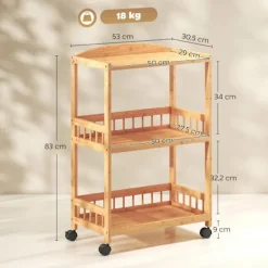 Køkkenvogn i bambus med hjul – 3 hylder, naturtræ