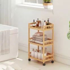 Køkkenvogn i bambus med hjul – 3 hylder, naturtræ