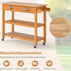 Køkkenvogn i træ med bordplade, skuffer og hylder