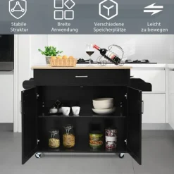 Køkkenvogn køkkenø med skuffe og højdejusterbar hylde 116 x 40 x 85 cm sort + natur