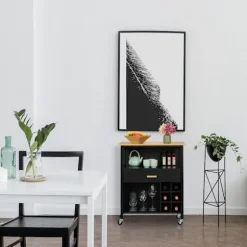 Køkkenø-vogn med bambustop og vinreol