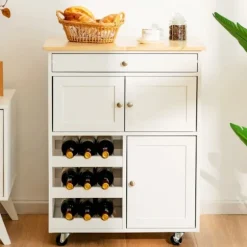Køkkenvogn med hjul - vinreol og skab - Hvid