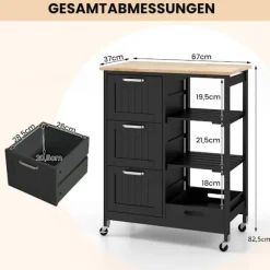 Køkkenø-vogn med opbevaring, hjul, sort, 67x37x84 cm